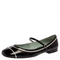 Marc Jacobs Black/ Silver Patent Leather Poppy Mary Jane Ballerina Flat Size 40 For Women