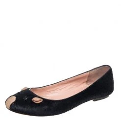 Marc Jacobs Black Calf Hair Mouse Ballet Flats Size 38.5 For Women