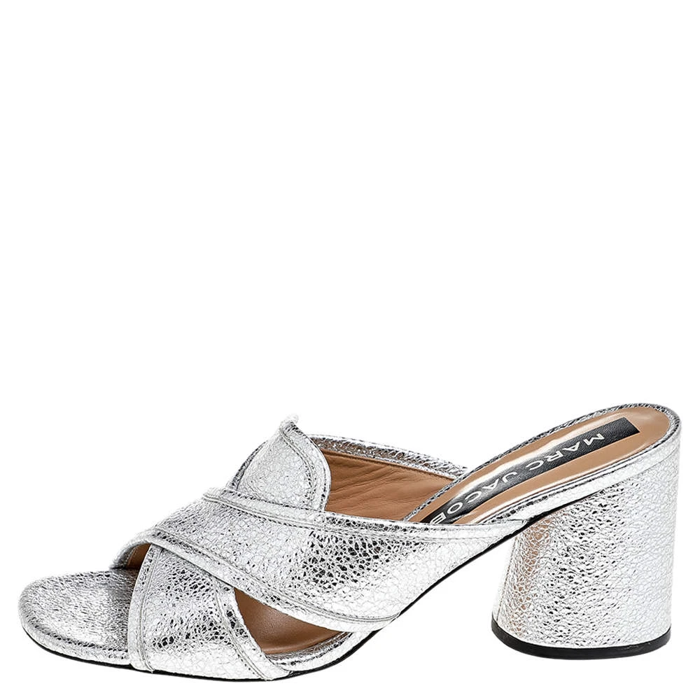 Marc Jacobs Metallic Silver Crackle Leather Criss Cross Slide Sandals Size 39 For Women 2 Marc Jacobs Metallic Silver Crackle Leather Criss Cross Slide Sandals Size 39 For Women - Image 2