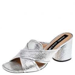 Marc Jacobs Metallic Silver Crackle Leather Criss Cross Slide Sandals Size 39 For Women