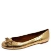 Marc Jacobs Gold Leather Bow Ballet Flats Size 37 For Women
