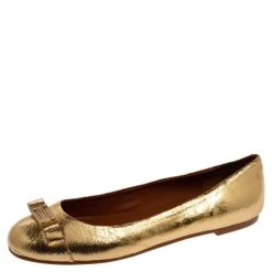 Marc Jacobs Gold Leather Bow Ballet Flats Size 37 For Women