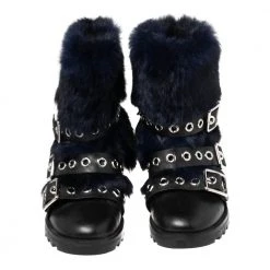 Marc By Marc Jacobs Black/Blue Ricky Rex Rabbit Fur And Leather Buckled Moto Boots Size 35.5 For Women -Cheap Marc Jacobs Store luxury women marc jacobs used shoes p564339 004