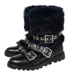 Marc By Marc Jacobs Black/Blue Ricky Rex Rabbit Fur And Leather Buckled Moto Boots Size 35.5 For Women -Cheap Marc Jacobs Store luxury women marc jacobs used shoes p564339 009