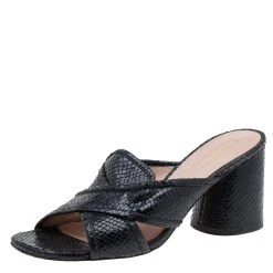Marc Jacobs Black Snakeskin Embossed Leather Criss Cross Slide Sandals Size 38 For Women
