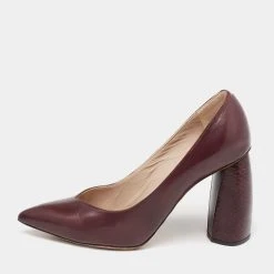 Marc Jacobs Burgundy Leather And Python Embossed Pointed Toe Block Heel Pumps Size 35 For Women