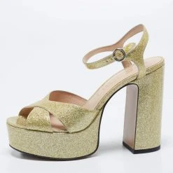 Marc Jacobs Metallic Gold Patent Leather Lust Platform Block Heel Ankle Strap Sandals Size 37 For Women